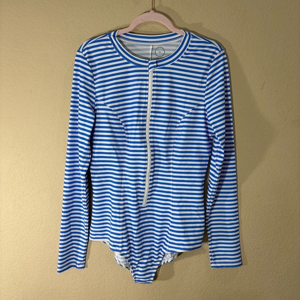 Mott50 SPF 50 Blue & White Striped Long Sleeve One Piece Swimsuit Women’s Sz XL